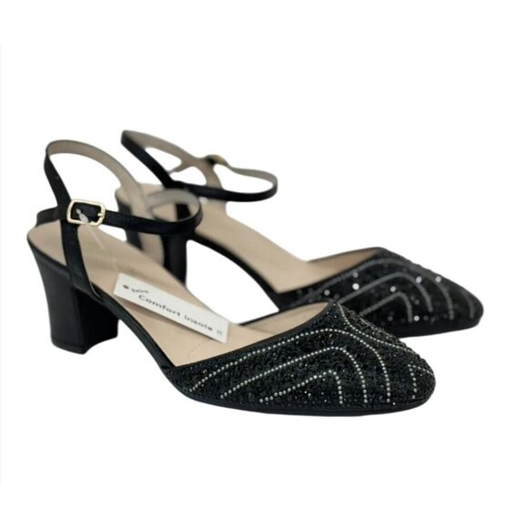 DE BLOSSOM / Gloria-10 / Womens Black Rhinestone Heeled Ankle Strap Sandals / Me - Picture 1 of 9